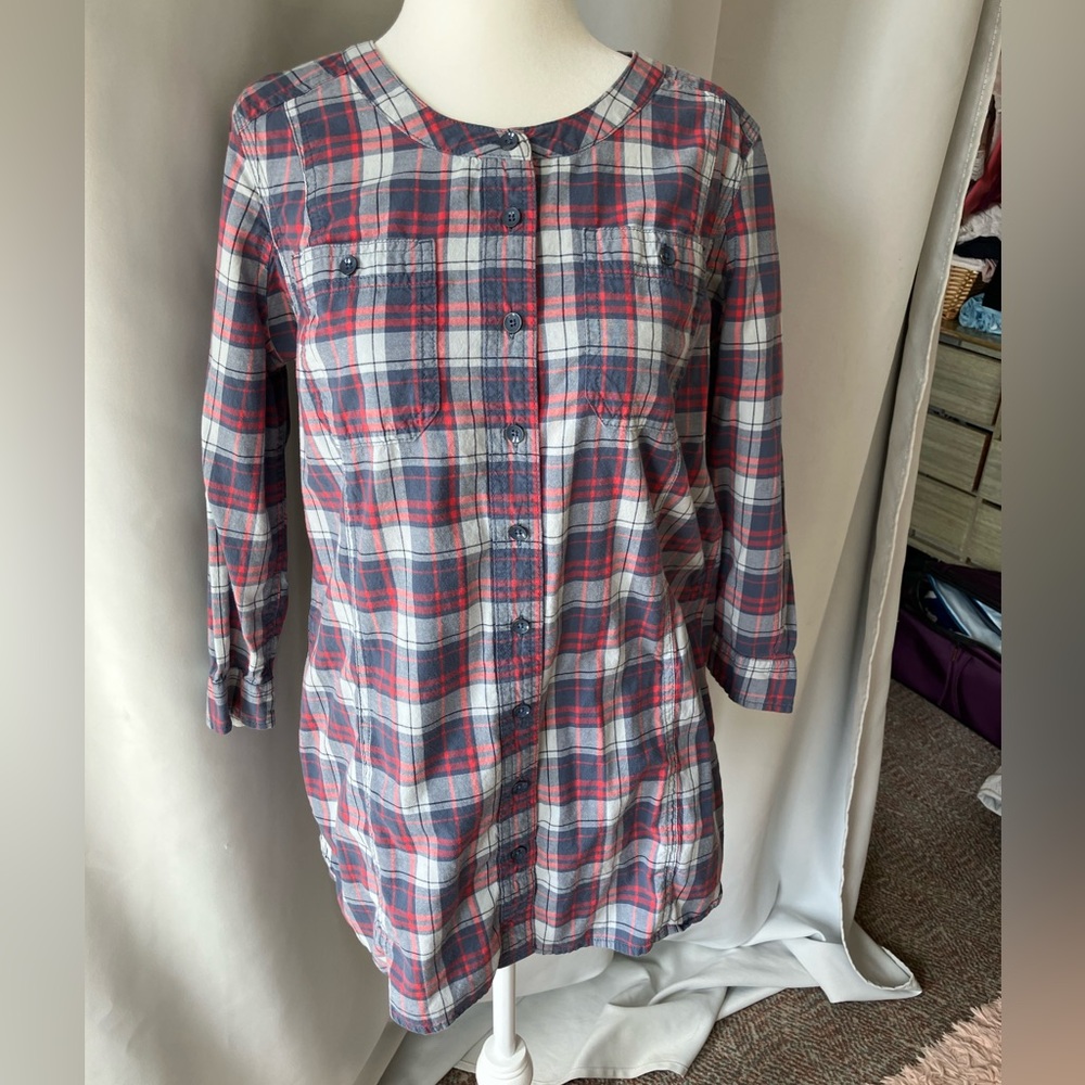 Duluth Trading Organic Cotton Red and Blue Checkered Shirt Dress